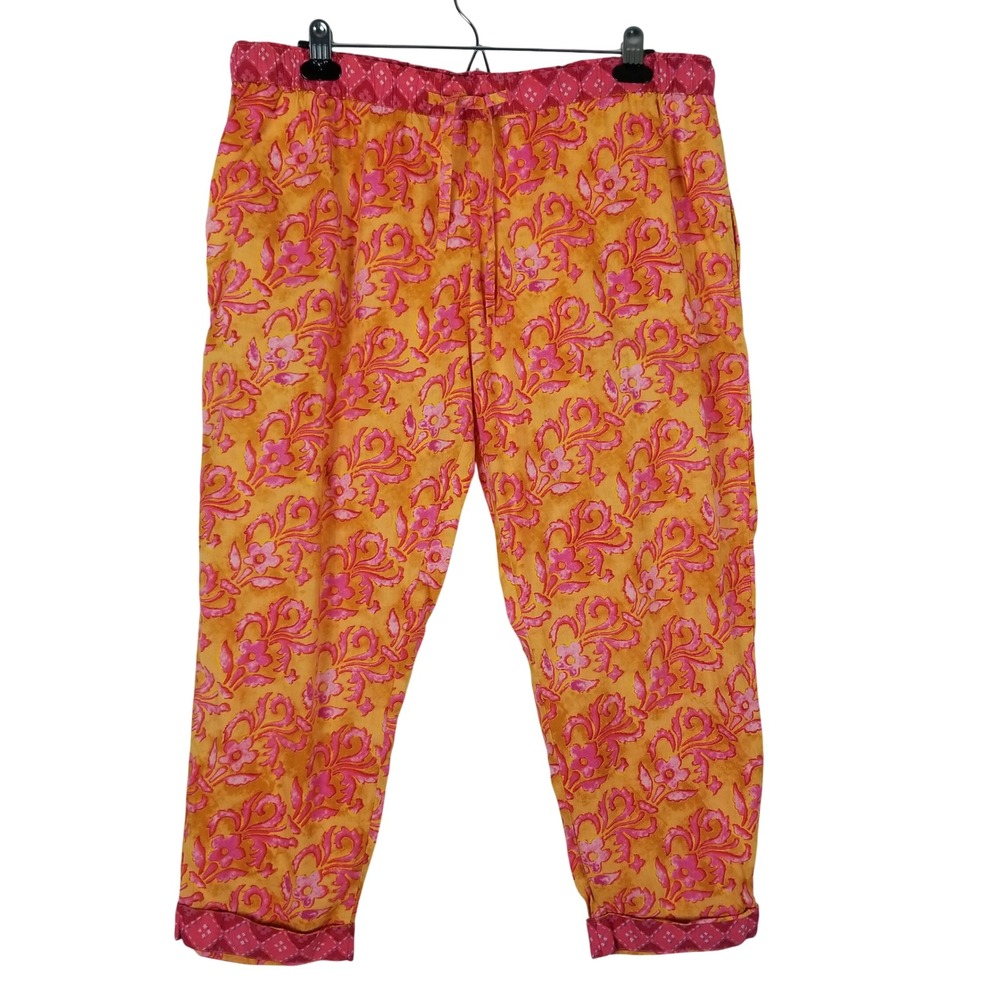 Sundance Pants Women Large Orange Pink Floral Cotton Boho Drawstring Tapered Leg